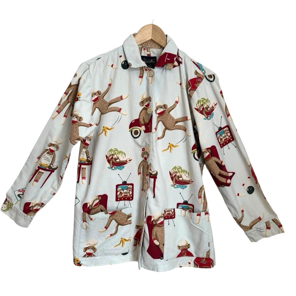 Nick & Nora Sock Monkey Pajama‎ Top Womens S Blue Flannel PJs Loungewear